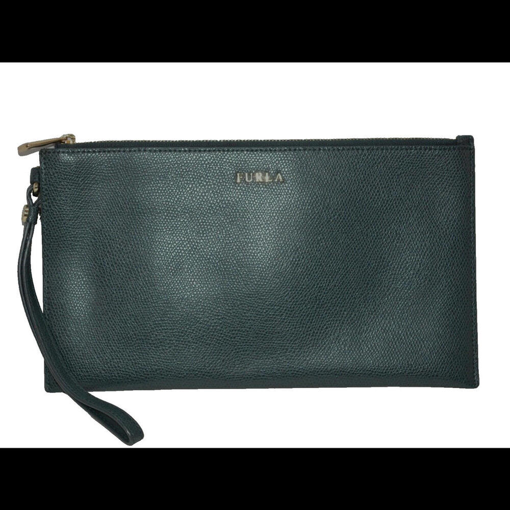 Furla Large Wristlet Purse Womens Semi Pebbled Leather Bag in Teal